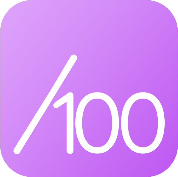 App Icon /100 in white with purple gradient background