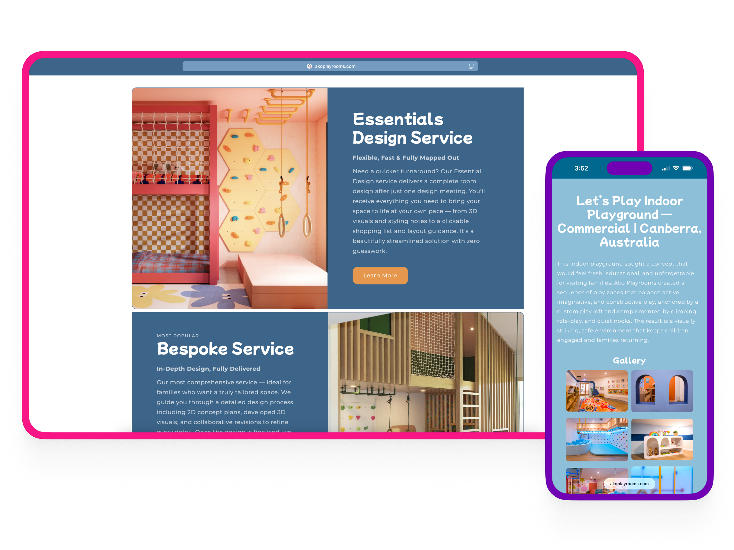 Ako Playrooms website displayed on laptop and tablet devices