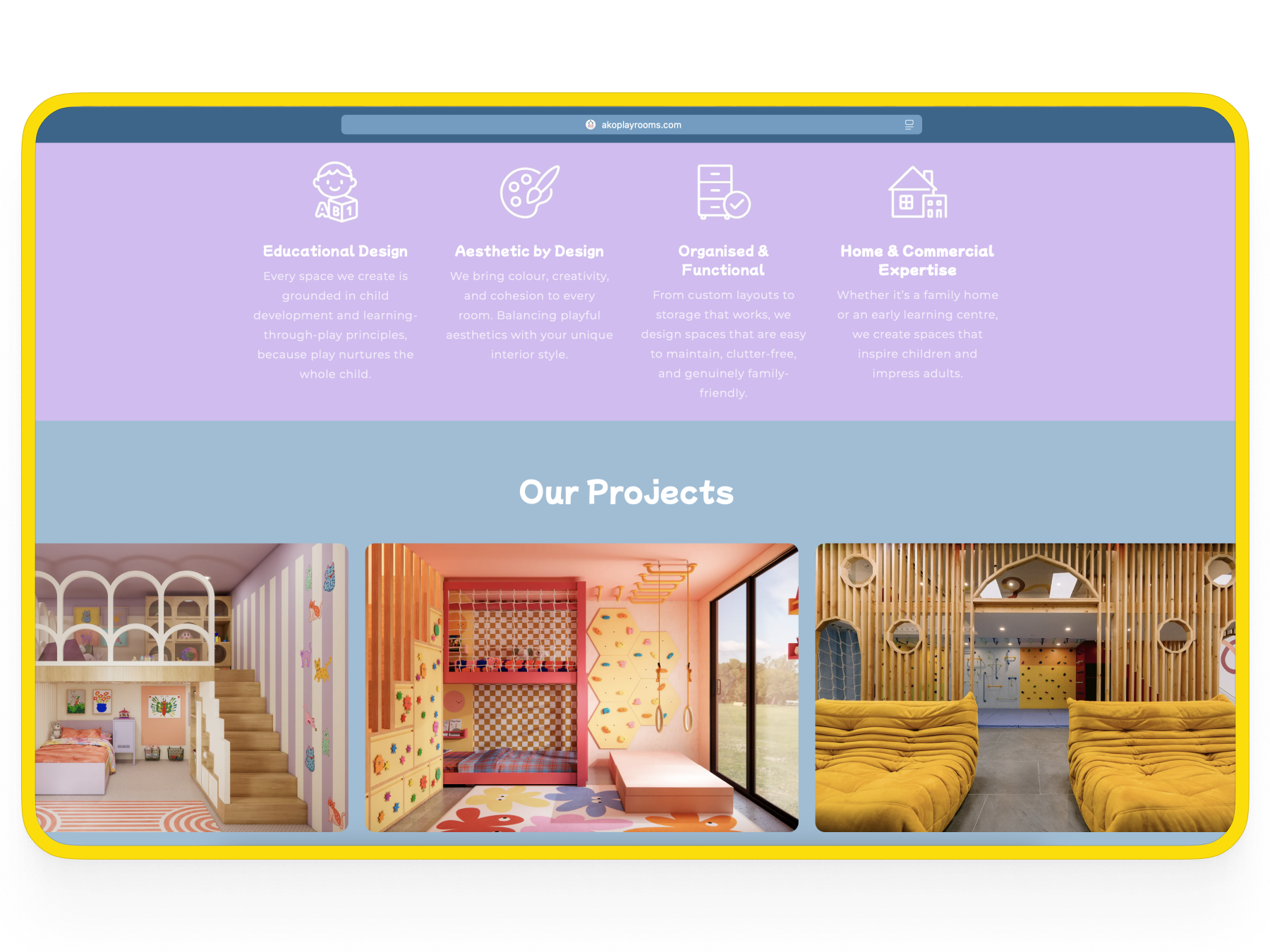 Ako Playrooms homepage design in browser mockup